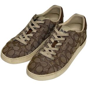 COACH Clip Signature Jacquard Low Top Khaki Sneakers G4967 Womens Size 8.5